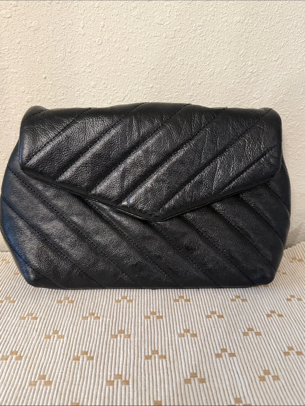 Vince Camuto Black Quilted Leather Envelope Clutch Evening Bag OS